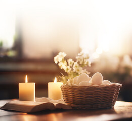 In a brightly lit church, there is a basket of eggs symbolizing the resurrection of Jesus Christ, candles and a Bible in the background, Generative AI
 - obrazy, fototapety, plakaty