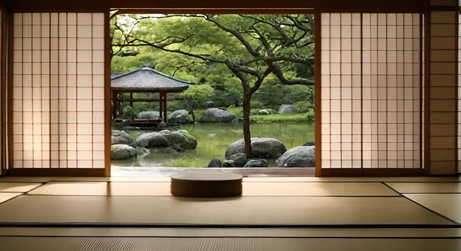 Peaceful Kyoto Zen Garden: Stone, Moss & Wooden Terrace View
