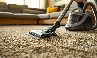 Detail shot of a person's lower half as they use a vacuum cleaner on a living room rug, focusing on home cleanliness