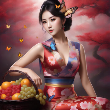 Picture of a beautiful woman with flowers, butterflies and fruits as the background. a. (1)