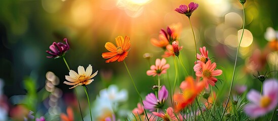 A cluster of colorful flowers nestled in the lush green grass, blooming beautifully under the...