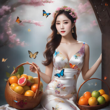 Picture of a beautiful woman with flowers, butterflies and fruits as the background. a. (19)