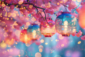 Floats Under Petals: Render colorful river parade floats passing under a canopy of cherry blossom petals, with a bokeh effect to add depth and beauty to the scene. - obrazy, fototapety, plakaty