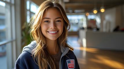 Smiling and confident female office associate - close-up shot - open office - profile shot - open...