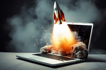 Innovative Rocket laptop startup. Future creative. Generate Ai