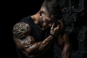A strong man with a detailed tree tattoo on his arm stands boldly against a dark, mysterious background. His expression is serious and contemplative, reflecting deep thought and strength.
