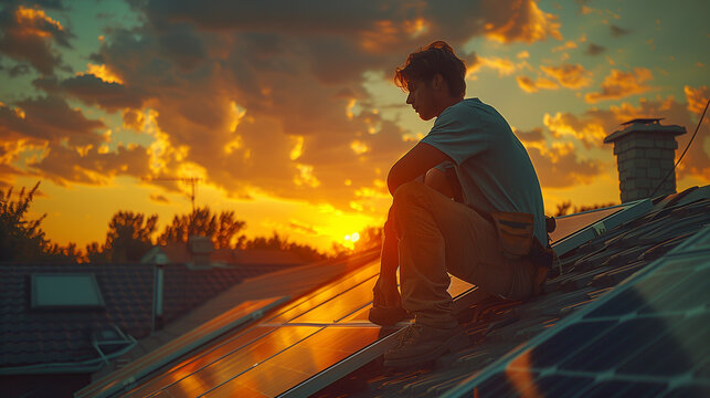 a roofer installs solar panels on the roof of his home, in the style of light teal and dark yellow, backlight, use of vintage imagery, photo taken with provia, engineering/construction and design, sub