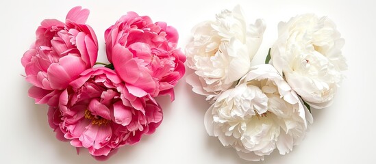 Two pink and white peony flowers lay on a white surface, accompanied by a notebook and pen in a top view flat lay workspace setting.