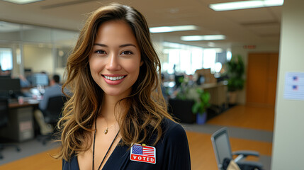 Smiling and confident female office associate - close-up shot - open office - profile shot - open office - bright space - wearing a “VOTED” sticker - election - politics  vote - presidential - polls 