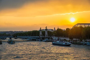 Papier Peint photo autocollant Pont Alexandre III Paris France, city skyline sunset at Seine River with Pont Alexandre III bridge and Grand Palais