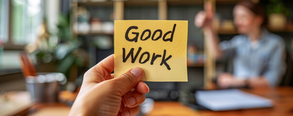 Good Work Appreciation Note with Thumbs Up.
Hand holding a 'Good Work' sticky note, positive...