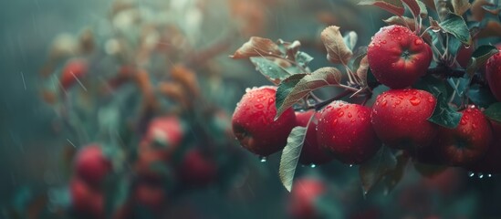 A cluster of ripe red apples hangs from the branches of a tree in a lush orchard. The apples are vibrant in color, indicating their readiness for picking. - obrazy, fototapety, plakaty