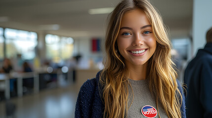 Smiling and confident female office associate - close-up shot - open office - profile shot - open office - bright space - wearing a “VOTED” sticker - election - politics  vote - presidential - polls  - obrazy, fototapety, plakaty