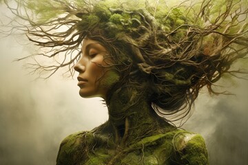 Portrait of mother Earth with tree roots and plants. International Mother Earth Day. Environment and conservation concept. Environmental problems and protection. Caring for nature and ecology