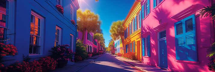 Naklejka premium Illustration - painting - coastal home - bright - colorfiul - street - spring flowers - beach - inspired by the sights of Charleston South Carolina - banner - header - landscape 