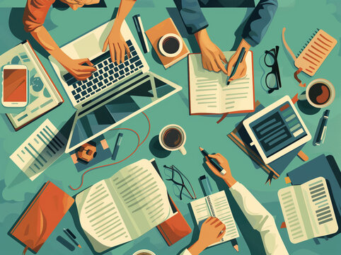 Creative Individuals Crafting Rules on Desk - Flat Style Vector Illustration