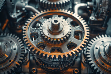 Multiple iron gears are positioned to mesh. Mechanical engineering and industry concept.