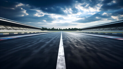 Evening scene asphalt international empty race track with starting or end line. Generated- AI