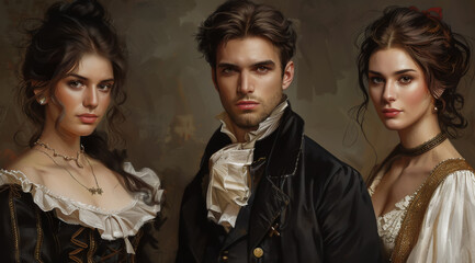 Trio dressed in regency attire with serious expressions, reminiscent of a historical painting, ai generated - obrazy, fototapety, plakaty