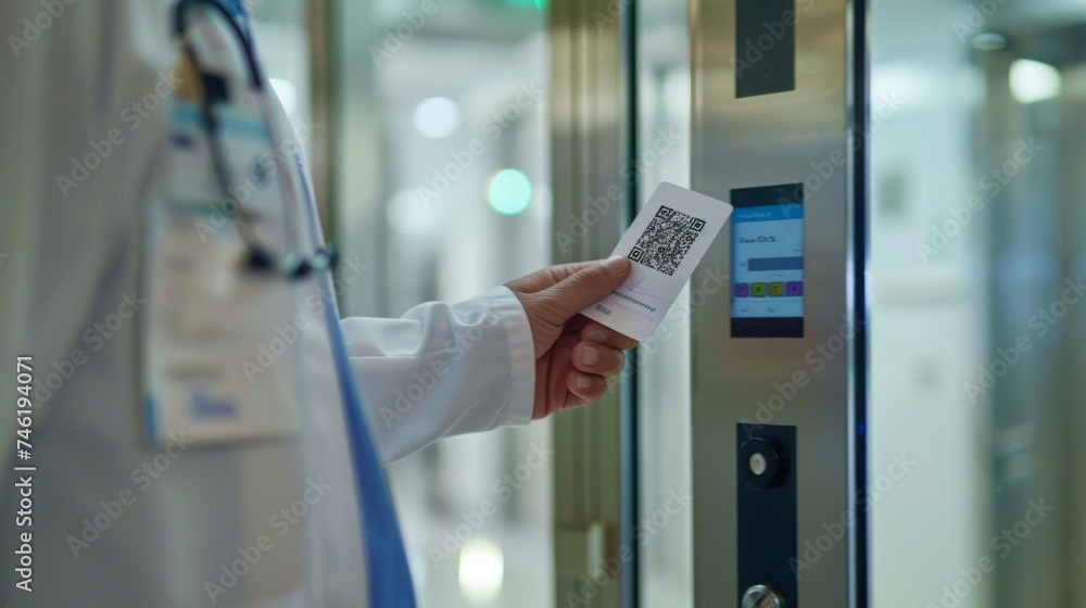 Poster a medical professionals hand using a card with a qr code to quickly access a patients records on the