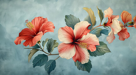 Realistic painting of beautiful hibiscus flowers in soft colors, ai generated