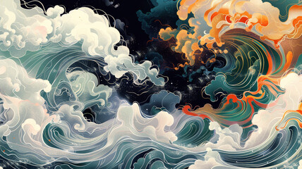 art of of Japanese wave background. Generated- AI - obrazy, fototapety, plakaty