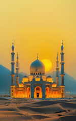 majestic beautiful ornamental Arabic lantern with burning candle glowing at night. Festive greeting card, invitation for Muslim holy month Ramadan Kareem. Generated-AI