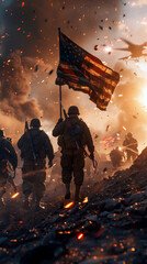 Create a detailed illustration of  World War II, the iconic moment of the US Marines raising the American flag atop Mount
