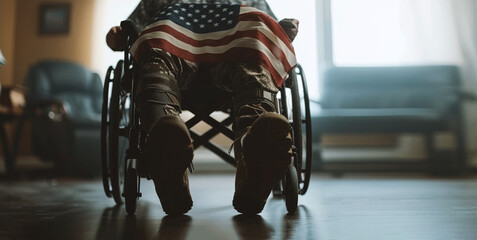Close-up detail of man prosthetic leg in a wheelchair in a hospital, an American flag draped over his lap, Veterans day concept. Generated-AI