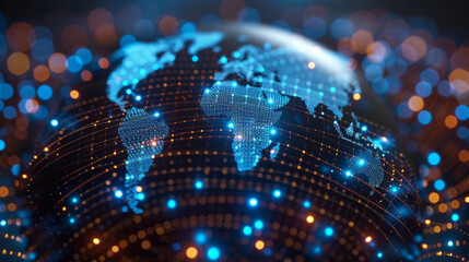 Obraz premium An image of a globe with interconnected nodes representing the global reach of the financial advisory services industry. The nodes are constantly exchanging data and utilizing