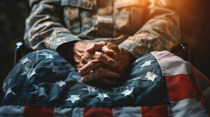 Close-up detail of man prosthetic leg in a wheelchair in a hospital, an American flag draped over his lap, Veterans day concept. Generated-AI