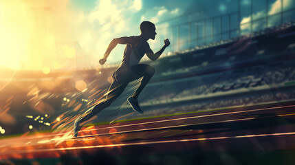 African american man running on a track in a stadium during an athletics competition - obrazy, fototapety, plakaty