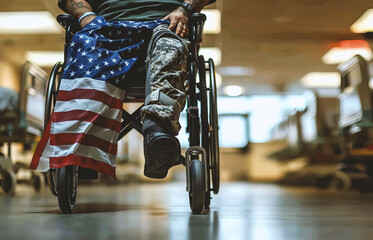 Close-up detail of man prosthetic leg in a wheelchair in a hospital, an American flag draped over his lap, Veterans day concept. Generated-AI