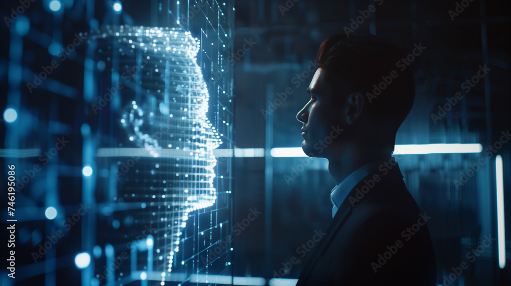 Poster businessman interacting with virtual ai assistant using hologram technology, futuristic artificial i