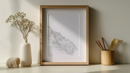 Vertical frame for mockup. Minimal room interior with mock up photo frame.