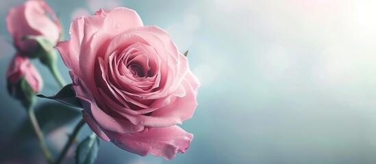 A macro shot of a pink rose placed delicately on top of a wooden table, showcasing the intricate details of the flower petals.