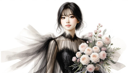 黒いウェディングドレスを着てバラのブーケを持つ花嫁 Beautiful bride in a black wedding dress