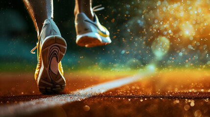 Close-up of a runner's feet taking off from a track, with sunlight and dust in the background. Copy...