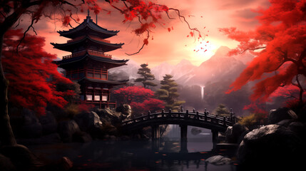 Japanese Temple Amidst Night Sky Illuminated. AI Generative