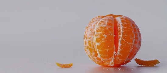 A close-up view of a peeled whole mandarin orange resting on top of a table, showcasing the vibrant...