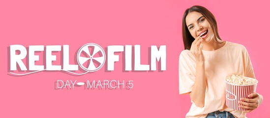 Banner for Reel Film Day with young woman eating popcorn