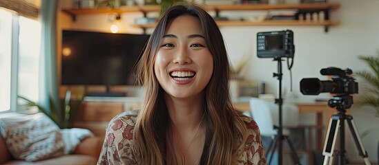 An Asian woman, dressed stylishly, is smiling happily as she records a video for her fashion blog. She is looking directly at the camera with a confident expression, showcasing her enthusiasm for