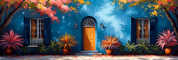Fototapeta premium Illustration - painting - coastal home - bright - colorfiul - street - spring flowers - beach - inspired by the sights of Charleston South Carolina - banner - header - landscape 