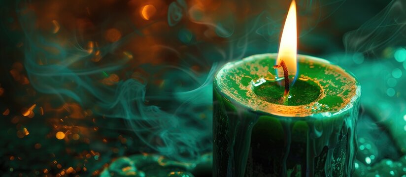 A vibrant green wax candle with a candle stick sticking out of it, emitting a warm glow. The candle stick is partially melted from being lit.