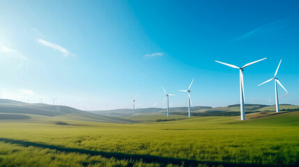 Wind turbines on field under clear sky. Generated-AI,