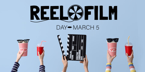 Many hands with movie clapper, buckets of popcorn and drinks on blue background