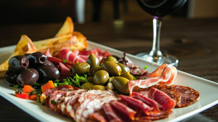 A plate of charerie is carefully arranged with cured meats olives and pickled vegetables all chosen to pair perfectly with the bold and complex flavors of a deep red wine.