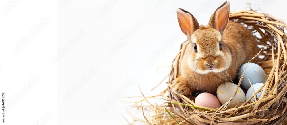 Poster a rabbit is seated inside a nest filled with eggs, with straw scattered around. the rabbit seems cur