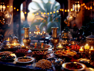 Fototapeta na wymiar Ramadan kareem Iftar party table with assorted festive traditional Arab dishes. Generated-AI