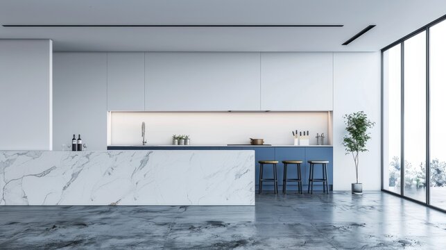 A modern kitchen with white walls, concrete floor, blue countertops and cupboards.